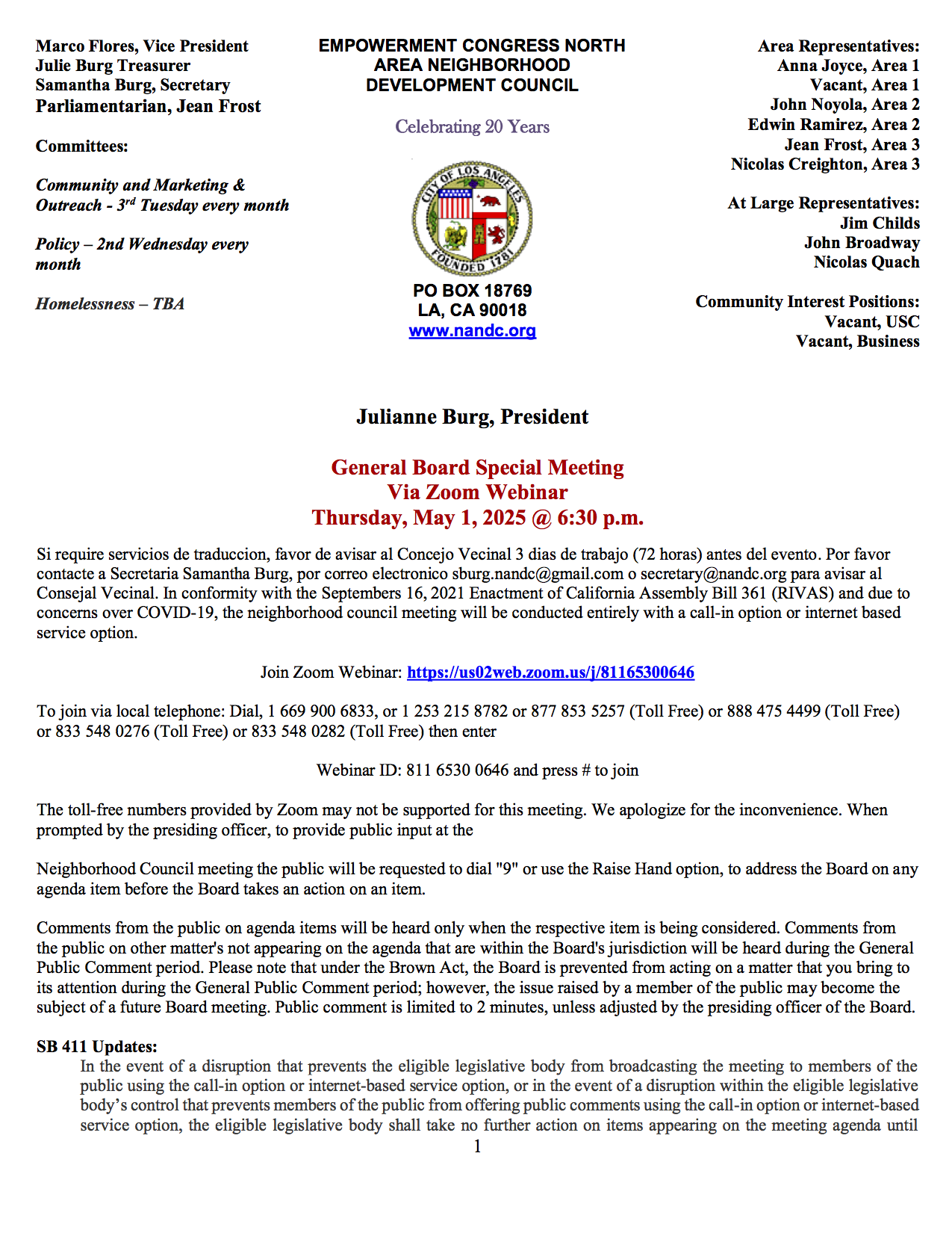 General Board Meeting - Via Zoom Webinar