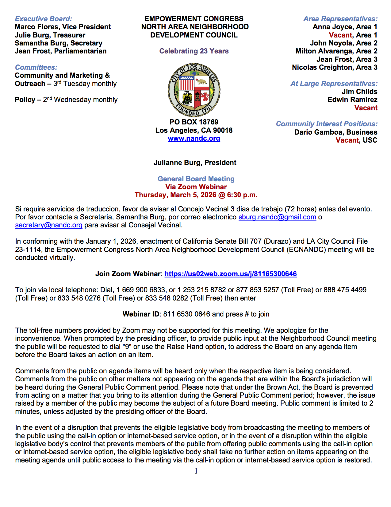 General Board Meeting - Via Zoom Webinar