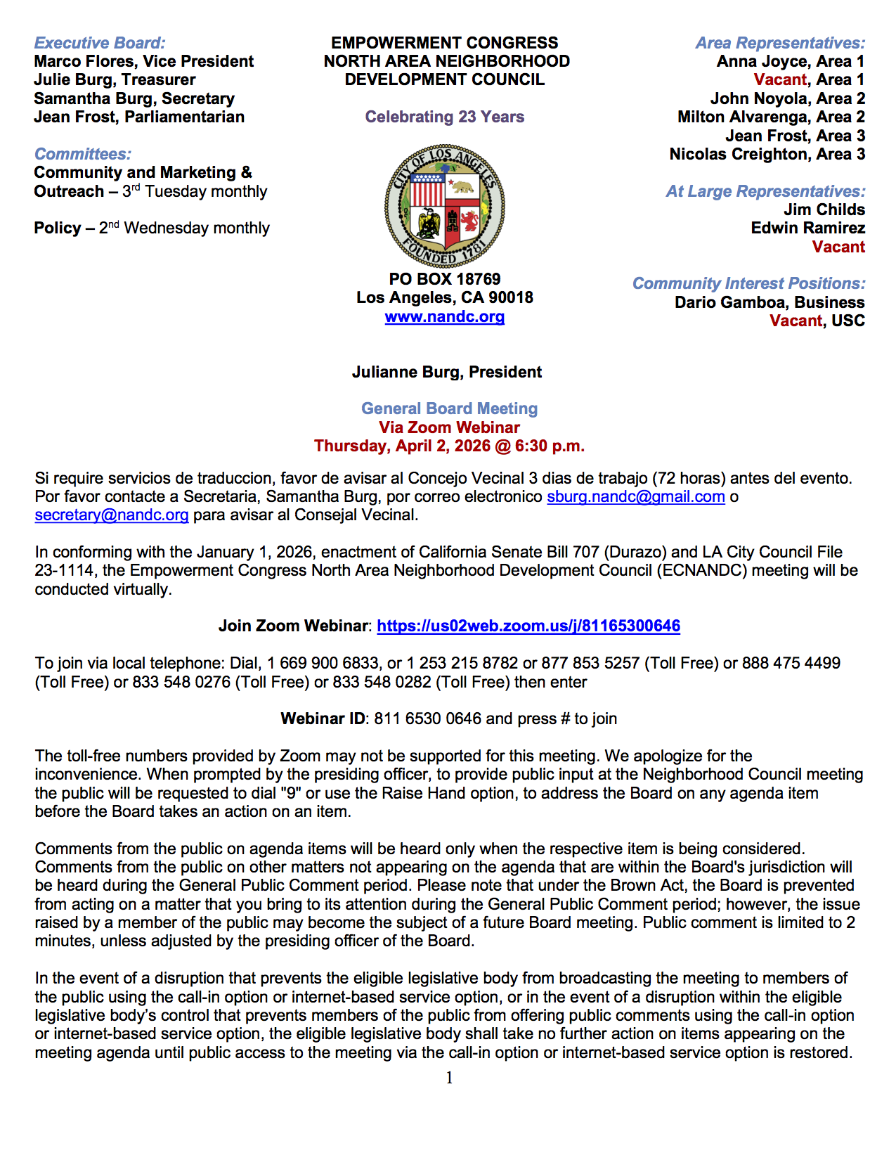 General Board Meeting - Via Zoom Webinar