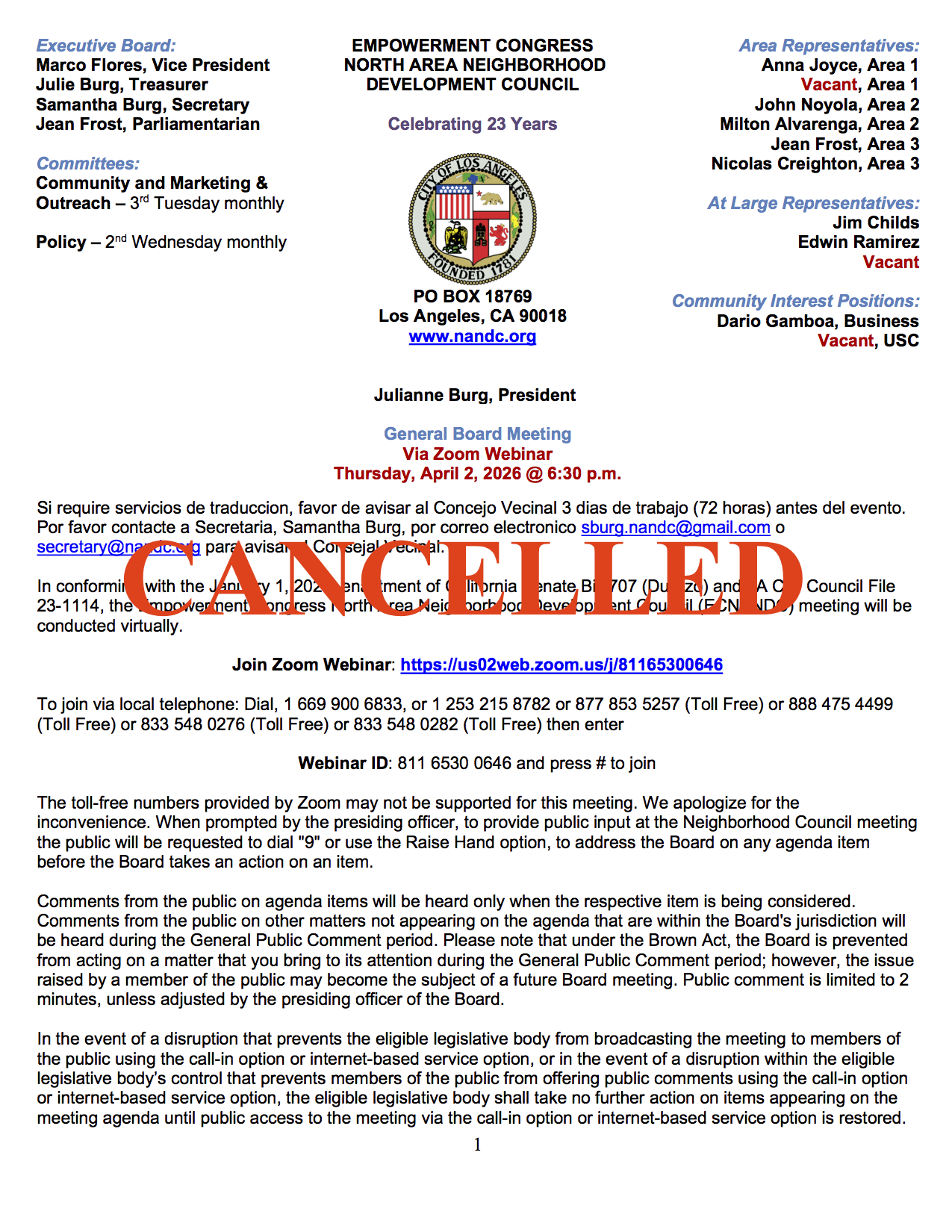 General Board Meeting - Via Zoom Cancelled