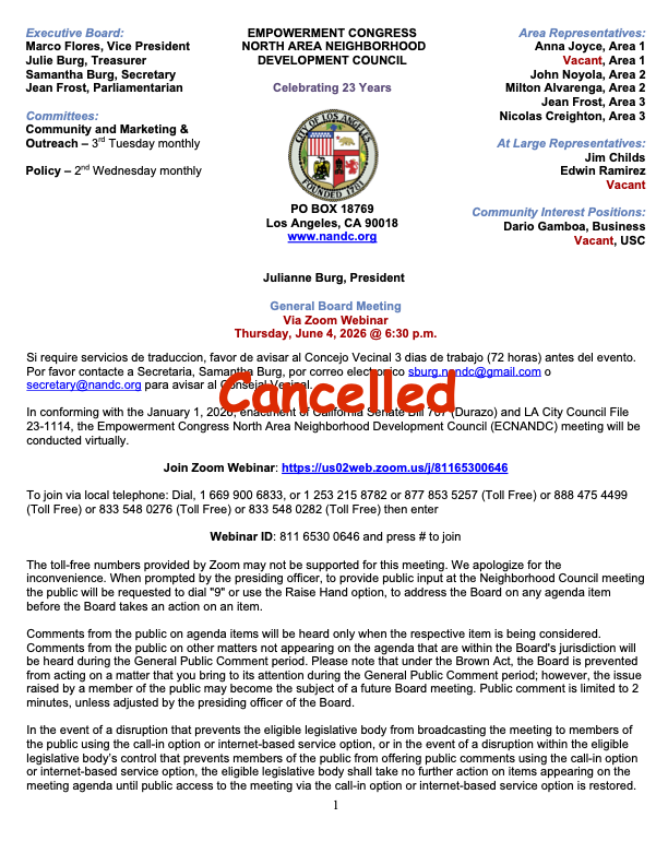 General Board Meeting - Cancelled