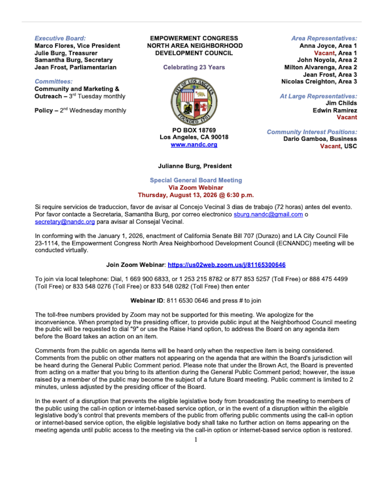 Special General Board Meeting - Via Zoom Webinar